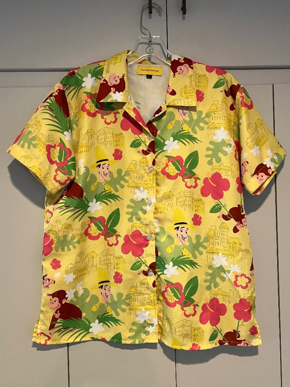 Curious George Tropical Hawaiian Print Retro Short Sleeve Button Down Shirt L